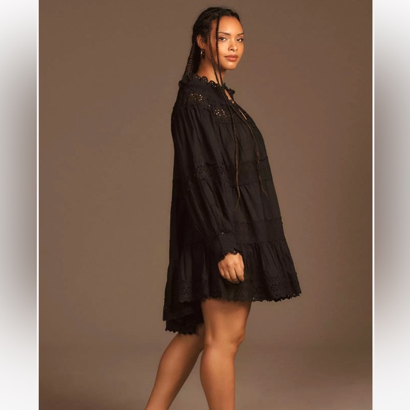 Anthropologie Maeve Long-Sleeve Lace Mini Dress Black Eyelet Babydoll sz Medium - Picture 3 of 7